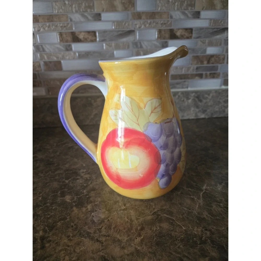 Holiday Designs USA pitcher Fruit Grapes Peaches Yellow Orange 7 Inches Tall